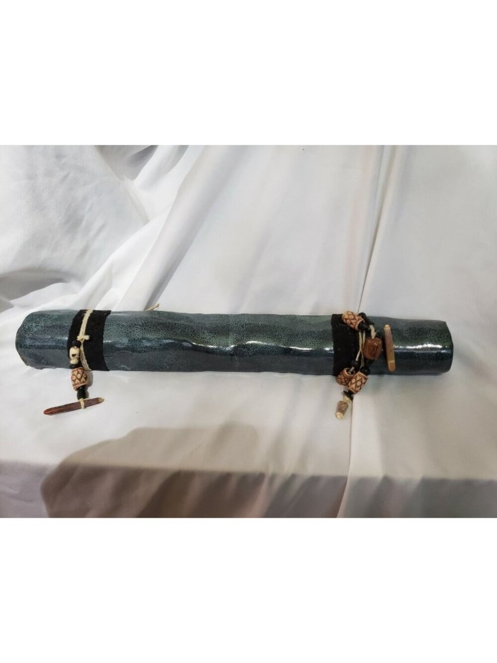 Ceramic Rain Stick With Tribal Bead Accents & Skull Design Handmade